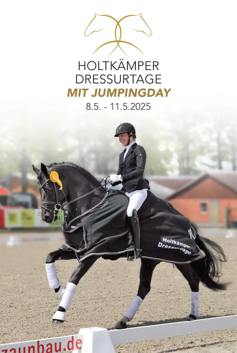 Holtkämper Dressurtage 2025 mit Jumpingday vom 8. bis 11. Mai – Dressurreiterin auf schwarzem Pferd mit Siegerdecke